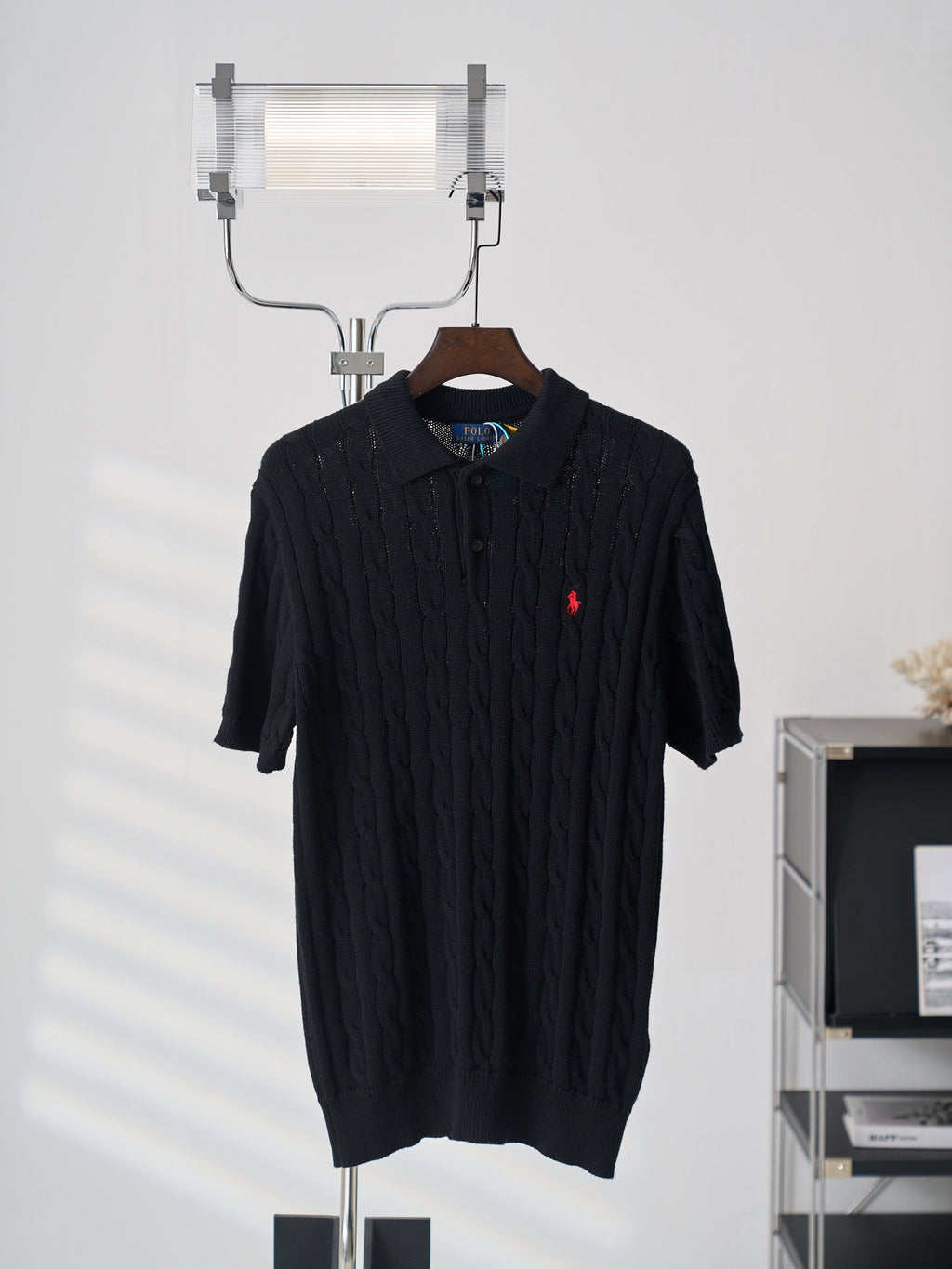 Ralph Lauren Men's Cable‑Knit Short‑Sleeve Polo Shirt, Navy Pony Embroidery