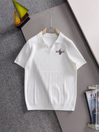 Men's Vertical Ribbed Knit Short‑Sleeve Polo Shirt Open V‑Collar Chest Embroidery Top