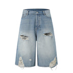 Acne Studios Heavy‑Ripped Distressed Washed Denim Wide‑Leg Jort Shorts