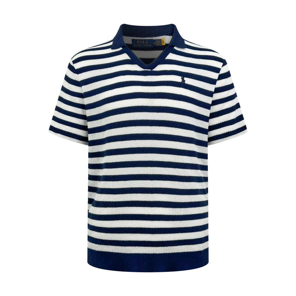 Polo Ralph Lauren Men's Striped V‑Neck Knit Short‑Sleeve Polo Shirt, Navy Pony Embroidery