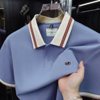 Men's Striped Collar Pique Polo Shirt, Small Badge Embroidery Short‑Sleeve Casual Top