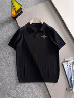 Men's Vertical Ribbed Knit Short‑Sleeve Polo Shirt Open V‑Collar Chest Embroidery Top
