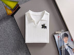 Men's Vertical Rib Knit Short‑Sleeve Polo Shirt Open V‑Collar Chest Embroidery Top