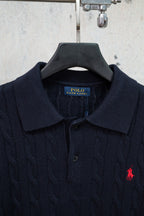 Men's Cable Knit Short‑Sleeve Collared Polo Top, Red Rider Chest Embroidery