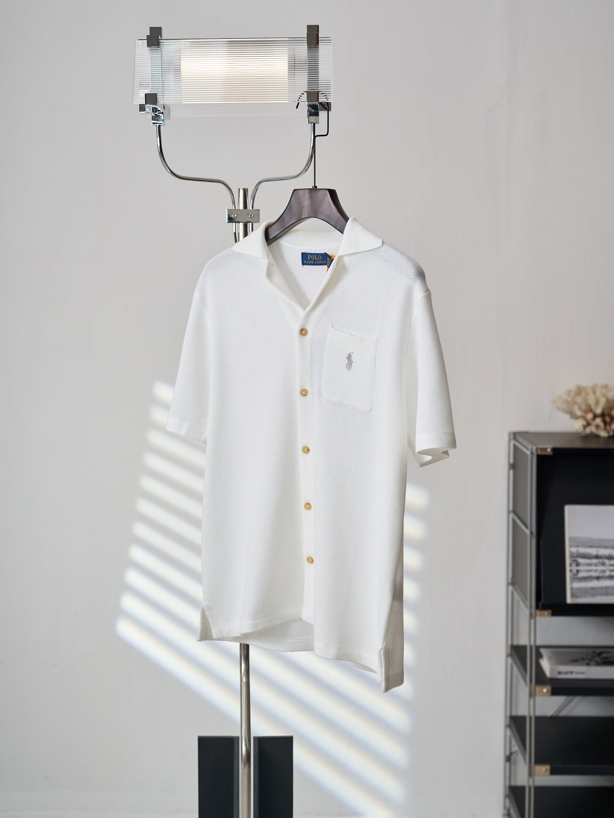 Polo Ralph Lauren Men's Camp‑Collar Button‑Front Waffle‑Knit Short‑Sleeve Shirt, Grey Pony Embroidery