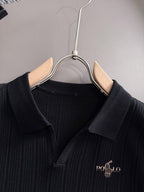 Men's Vertical Ribbed Knit Short‑Sleeve Polo Shirt Open V‑Collar Chest Embroidery Top