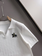Men's Vertical Rib Knit Short‑Sleeve Polo Shirt Open V‑Collar Chest Embroidery Top