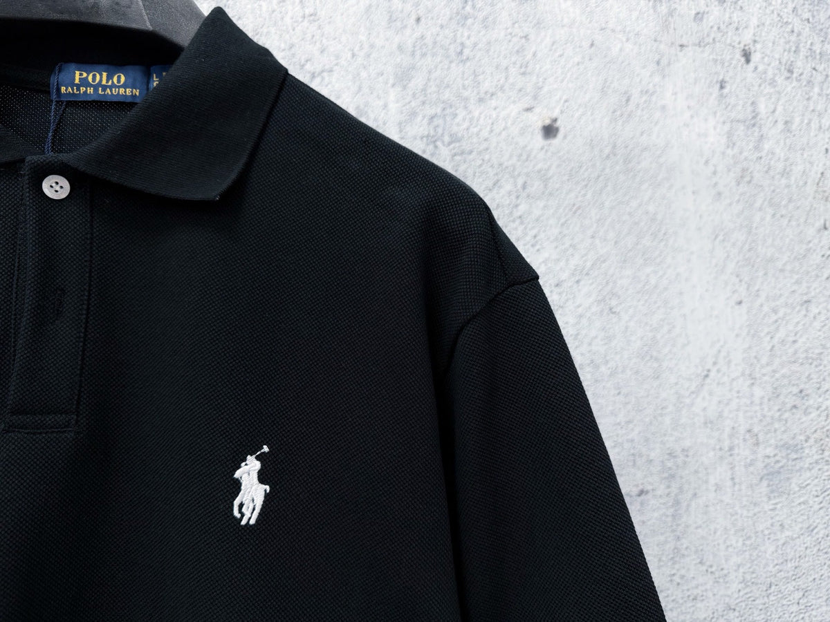 Men's Pique Knit Short‑Sleeve Polo Shirt Small Horse Embroidery Solid Black Casual Top