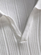 Men's Vertical Rib Knit Short‑Sleeve Polo Shirt Open V‑Collar Chest Embroidery Top
