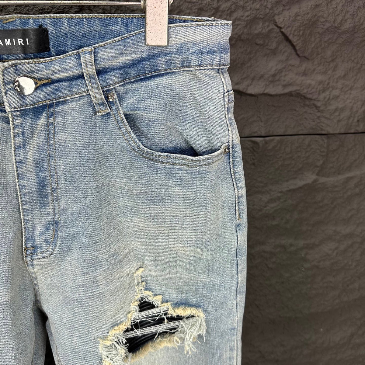 AMIRI Black Ribbed Patch Distressed Slim‑Fit Denim Jeans
