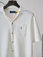 Polo Ralph Lauren Men's Camp‑Collar Button‑Front Waffle‑Knit Short‑Sleeve Shirt, Grey Pony Embroidery