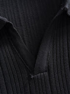 Men's Vertical Ribbed Knit Short‑Sleeve Polo Shirt Open V‑Collar Chest Embroidery Top