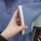 Men's Striped Collar Pique Polo Shirt, Small Badge Embroidery Short‑Sleeve Casual Top