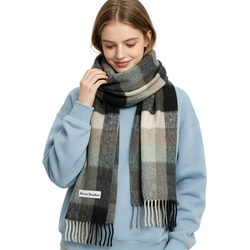 Acne Studios Mohair Checked Scarf Green Grey Black