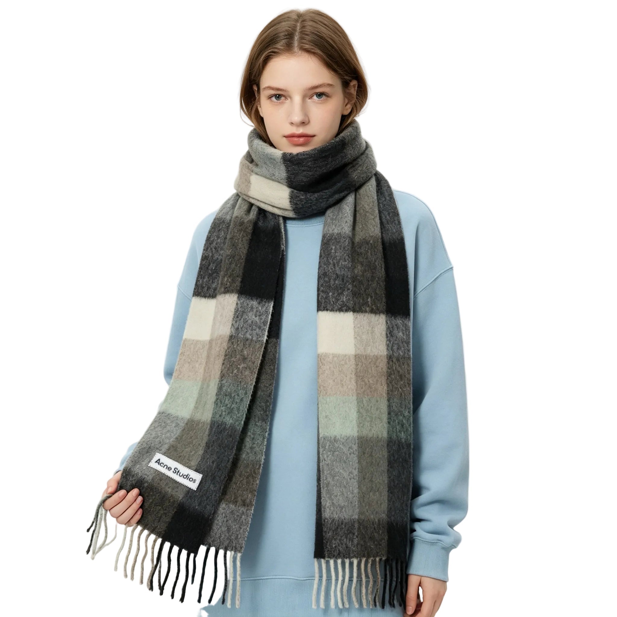Acne Studios Mohair Checked Scarf Green Grey Black