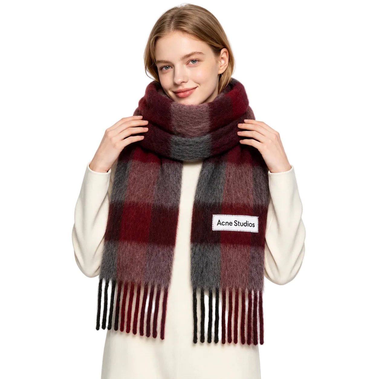 ACNE STUDIOS Red & Gray Check Fringe Scarf