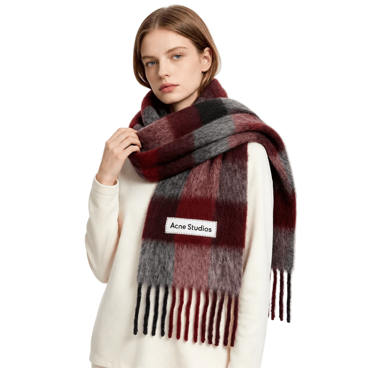 ACNE STUDIOS Red & Gray Check Fringe Scarf