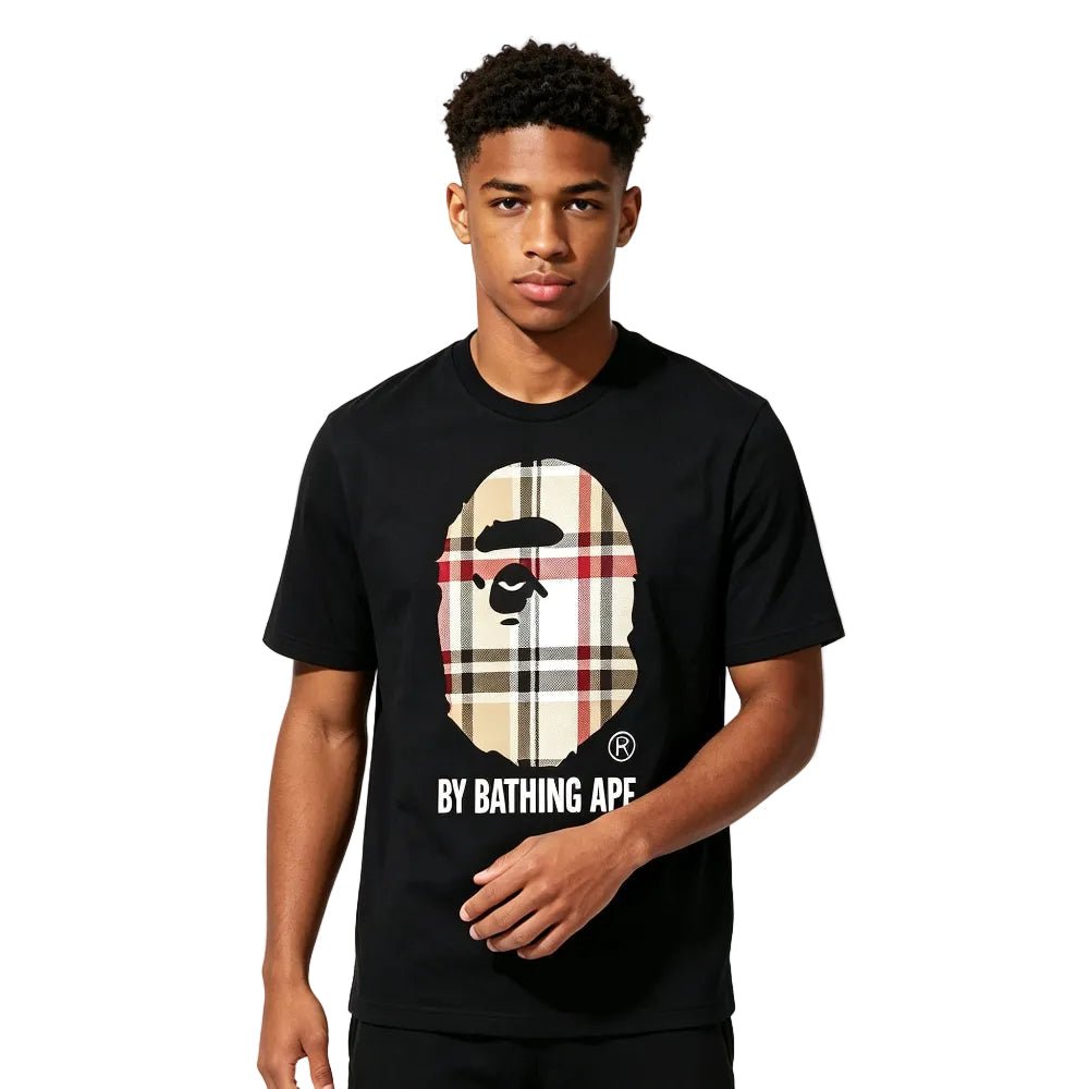 BAPE A Bathing Ape Check by Bathing Tee Black Beige